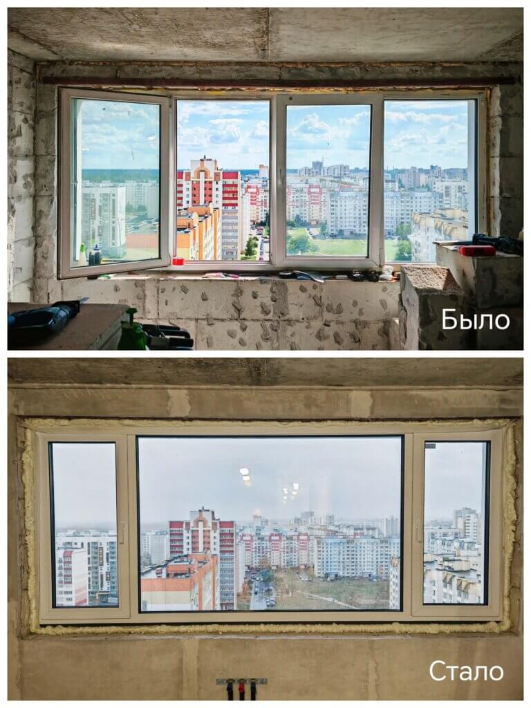 Остекленная квартира профилем Kommerlind 76 с скрытой фурнитурой Futuruss и закаленными стеклопакетами панорманое остекление в гомеле кухня